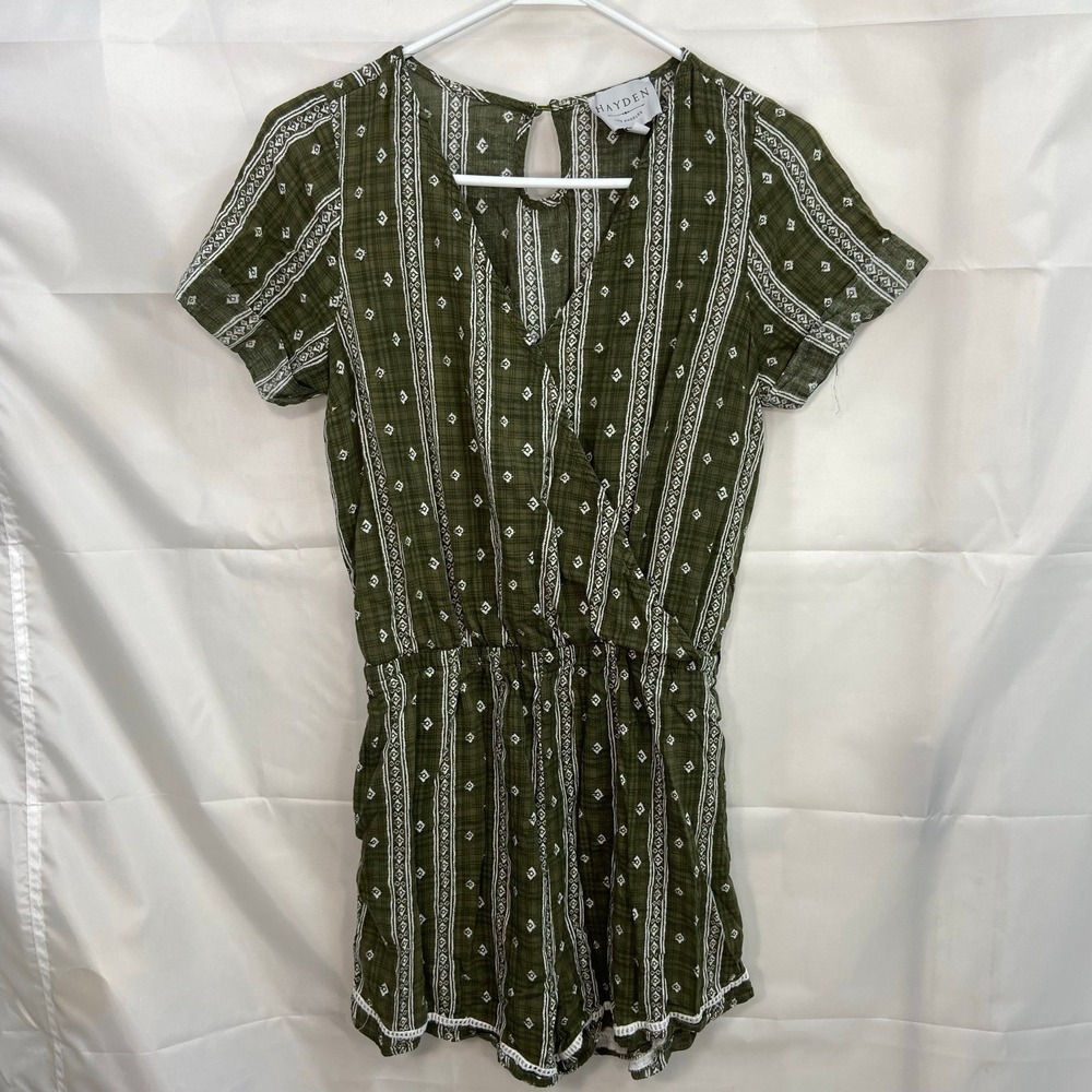 Hayden Los Angeles women's‎ olive green striped v-neck cuffed sleeve romper M